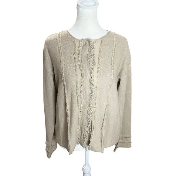 Lamberto Losani Beige Cashmere Cotton Fringe Snap Cardigan Jacket Medium - Picture 2 of 8